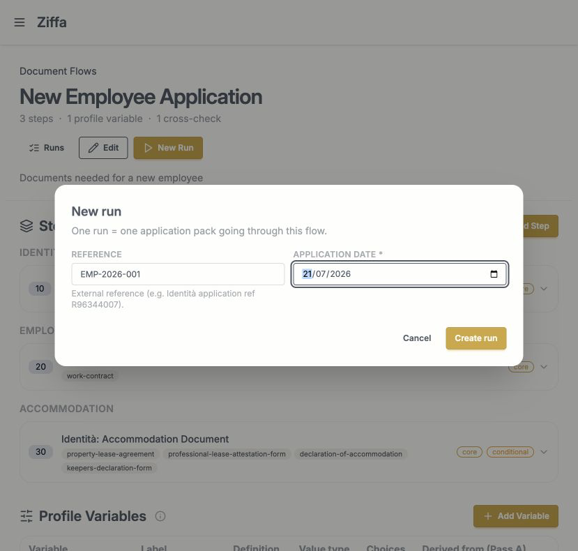 Creating a New Employee Application run with a reference and application date