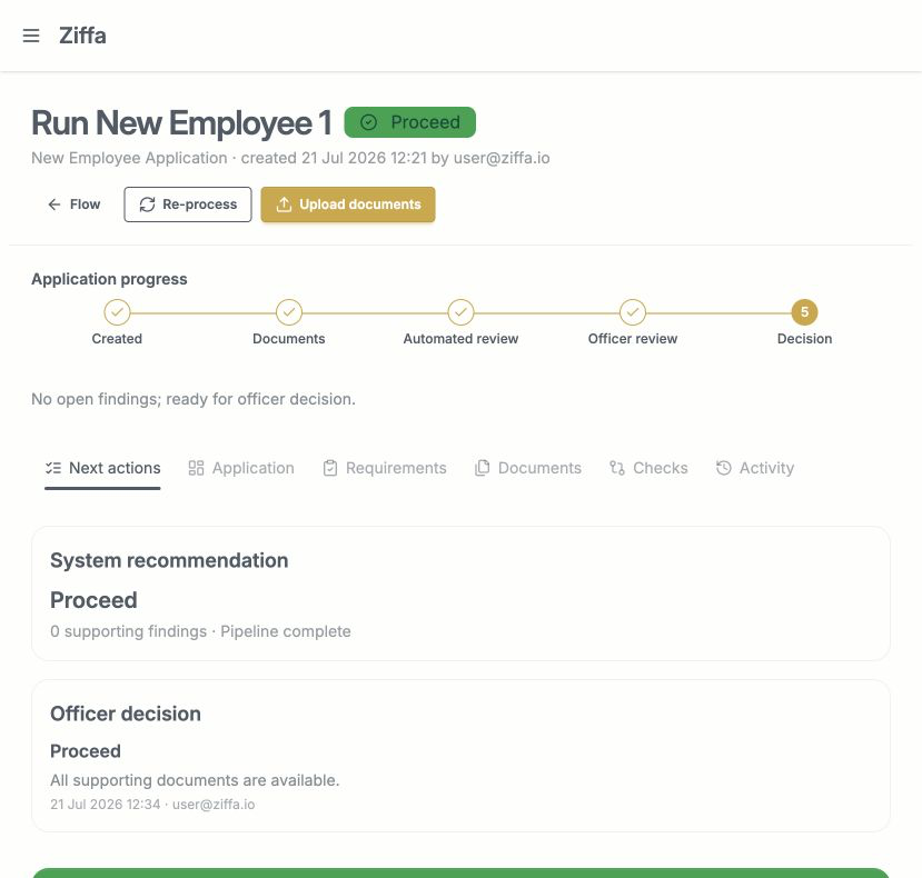 The completed employee run Next actions view with a Proceed recommendation and decision